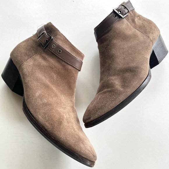 Aquatalia Suede Ankle Bootie Leather Buckle Ankle Strap Side Zip Brown Womens 10 - Picture 1 of 9